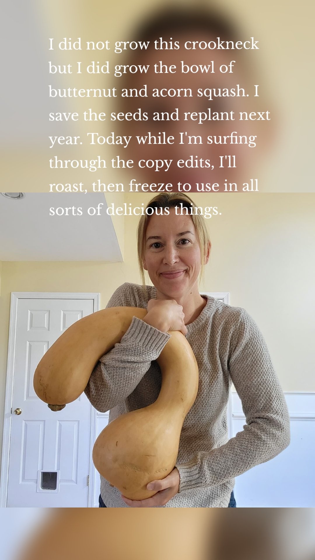 I did not grow this crookneck but I did grow the bowl of butternut and acorn squash. I save the seeds and replant next year. Today while I'm surfing through the copy edits, I'll roast, then freeze to use in all sorts of delicious things. 